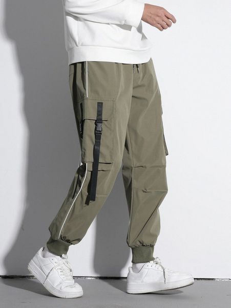 

men contrast piping buckle flap pocket cargo pants t2qq#, Black