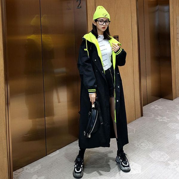 

women's trench coats 2021 spring casual woman double breasted long hooded coat women loose with belt waterproof raincoat outerwear autu, Tan;black