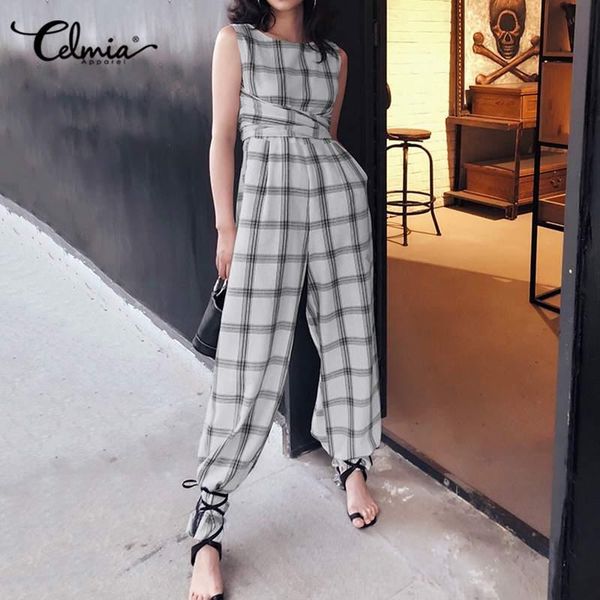 

women's jumpsuits & rompers wide leg elegant long celmia plus size overalls casual sleeveless belted vintage plaid playsuit 7, Black;white
