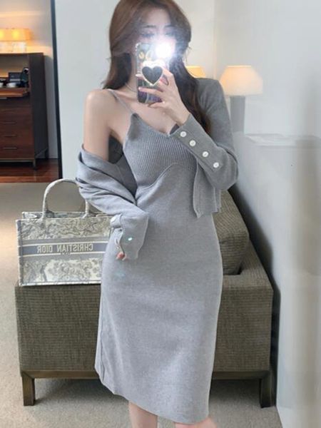 

two piece dress women's v-neck plain knit cardigan, side opening jacket, autumn and winter fashion, White