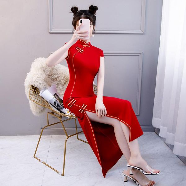 

ethnic clothing side split women qipao slim long cheongsam temperament evening dress elegant formal vintage chinese vestidos, Red