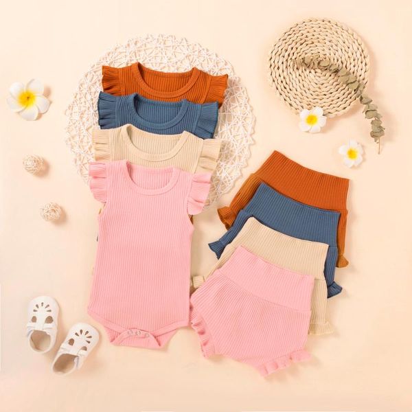 

clothing sets baby girl clothes set born infant girls summer solid ribbed romper+ruffled shorts outfits bebes, White
