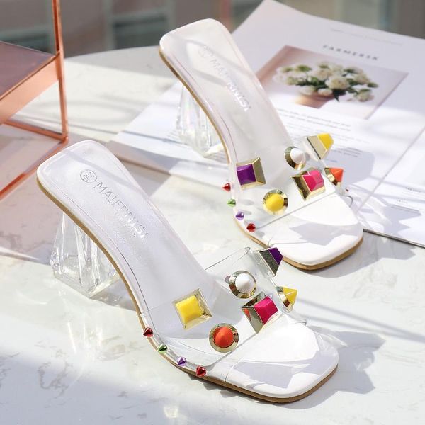 

style summer women crystal 8cm high heels mules sandals slides lady rivets block slippers fashion white shoes, Black