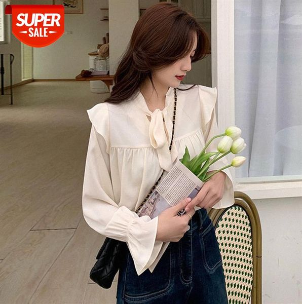 

early fashion chiffon shirt female design sense bowknot long-sleeved white fresh tide #yt4s, Black;gray