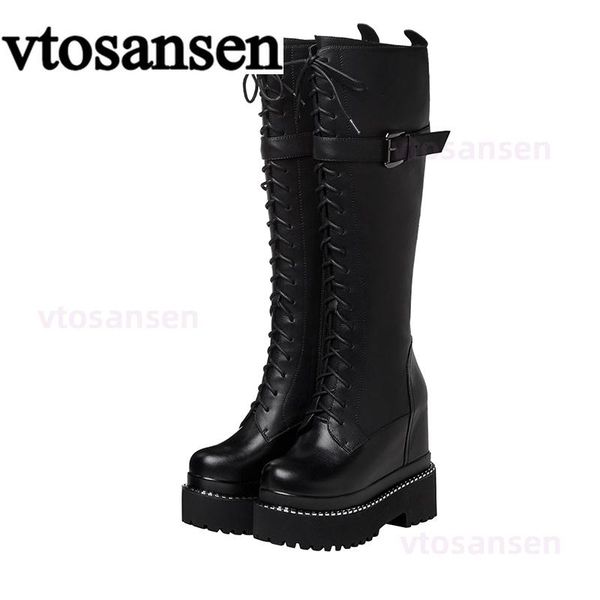 

boots 2021 fashion lace-up knee high platform goth black metal decoration women with zipper wedges heel drop girl