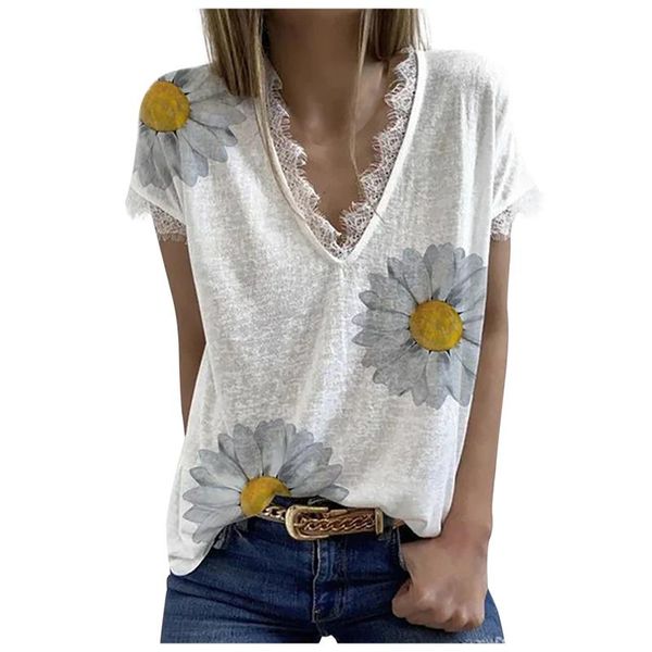 

women flower print v-neck t-shirt summer graphic tee aesthetic t-shirts for casual short sleeve ladies camiseta mujer #t1g women's, White