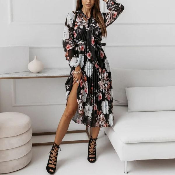 

casual dresses elegant ladies chiffon floral print maxi dress women slim v neck lace-up belt split pleated long fashion party, Black;gray