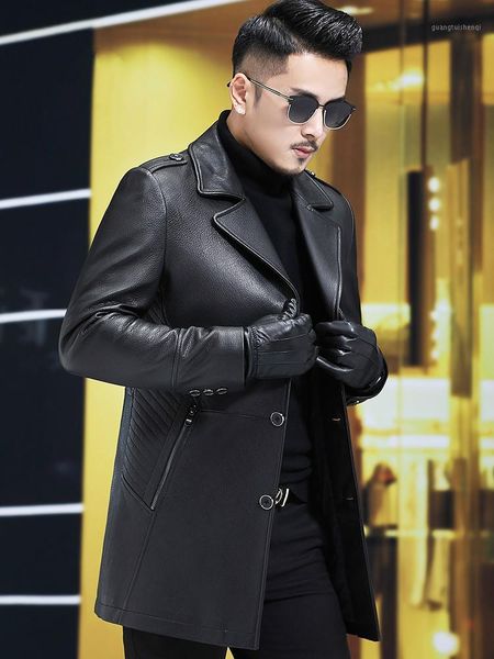 

men's leather & faux genuine trench coat mens business casual goat skin deer pattern long suit collar jacket clothes, Black