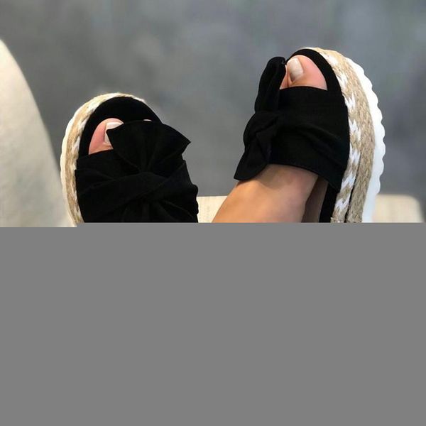 

slippers women's slope heel thick soled rope large summer bow casual beach, Black