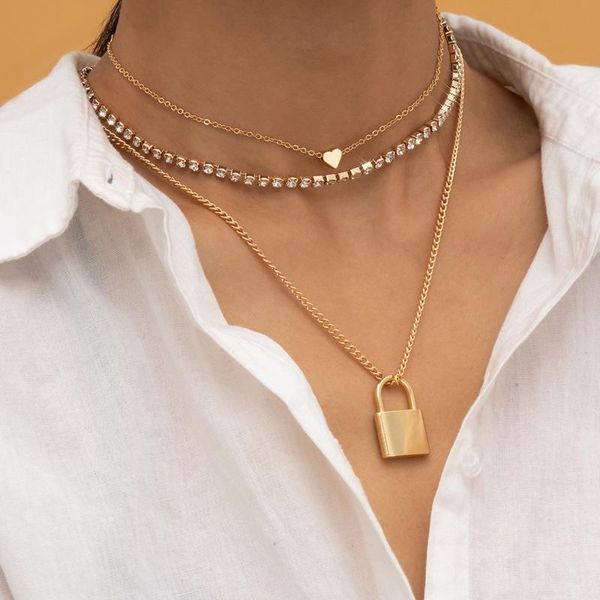 

pendant necklaces trendy crystal tennis chain choker for women layered heart lock punk collar jewelry wholesale, Silver