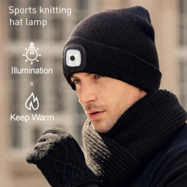 

outdoor cycling hiking led beanie hat with light,knit lighted men women hands 4 fashion knit headlamp warm caps & masks, Black