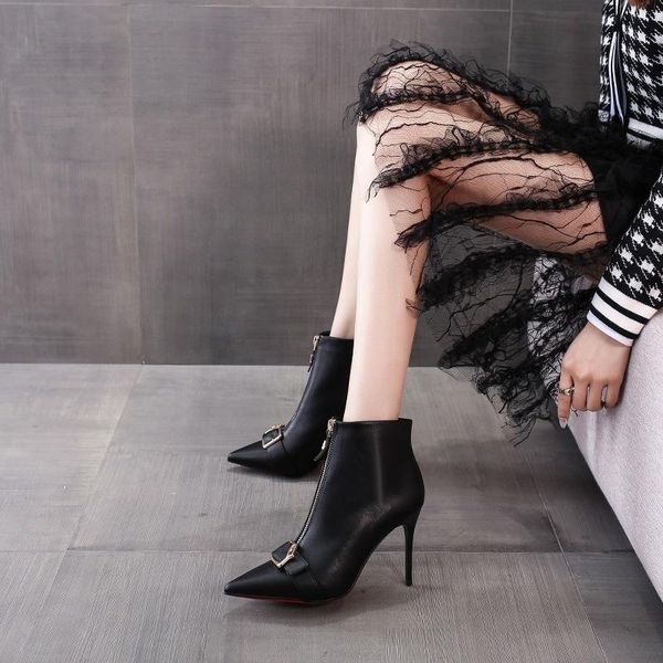 

boots fashion buckle thin heel gold belt women's fall winter 2021 versatile plush black front zipper