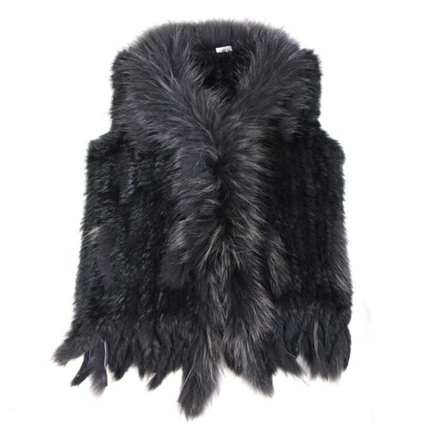 Alta Qualidade Varejo / Atacado Raccoon Cachorrinha Coleira de Pele Trim Mulheres de Malha Natural Coelho Colete Gilet / Waistcoat 210925