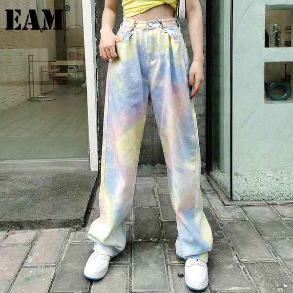 

[eam] high waist tie dye long casual denim wide leg trousers loose fit pants women fashion spring summer 1dd8800 210512, Blue