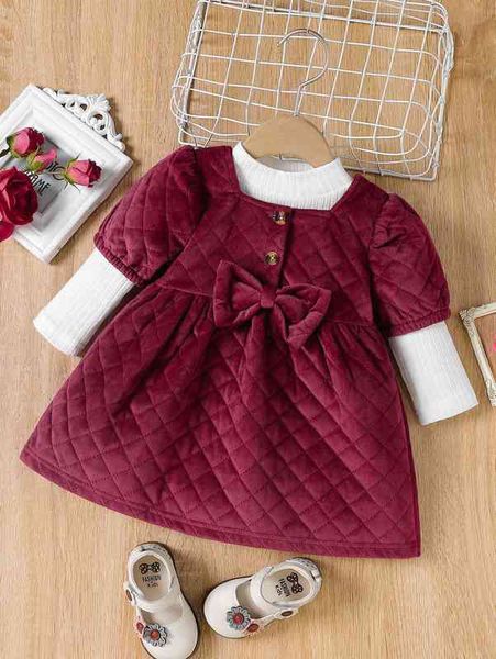 

baby mock neck tee & puff sleeve bow front dress she, White