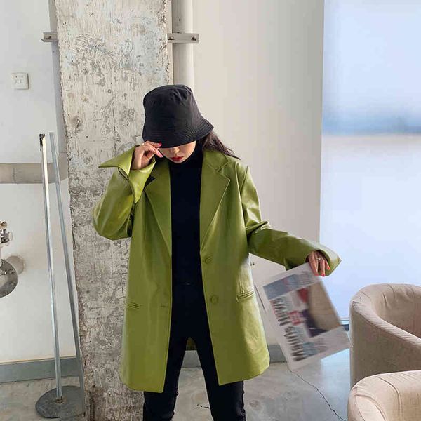

women's hoodies & sweatshirts [eam] loose jacket green leather fitting pu big size, leisure lapel long sleeve, women's sweater fas, Black
