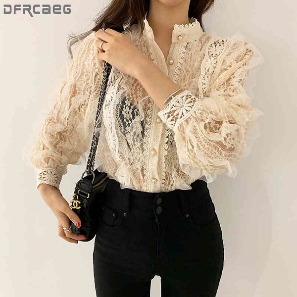 

women's blouses & shirts hollow out crochet lace women korean style beige or black see-through single button long sleeve eleg, White