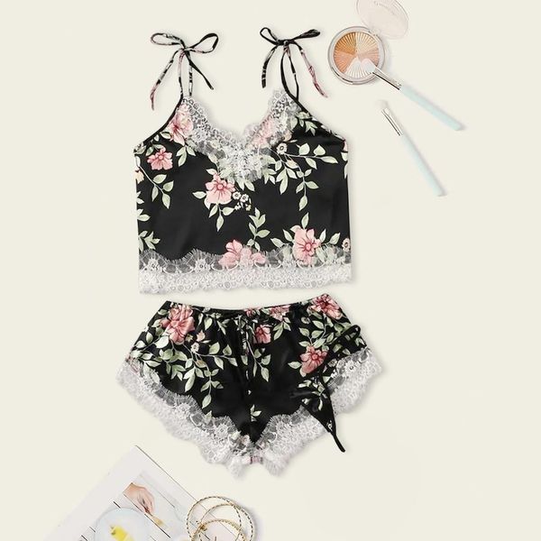 

women sleepwear pijamas lingerie pajamas for flare sleeve 3pc satin lace silk camisole shorts thong set printing, Black;red