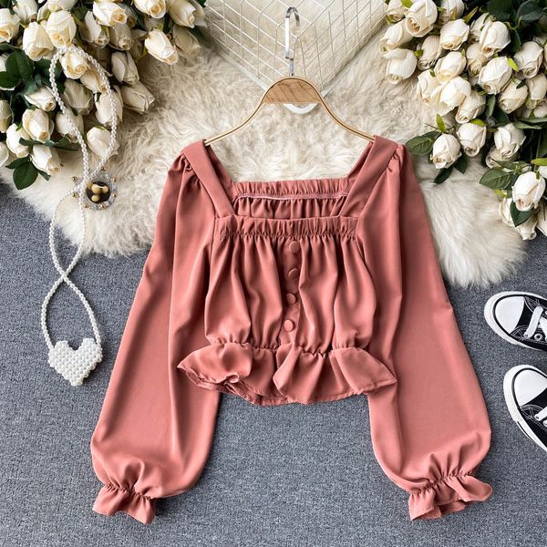 

women's blouses & shirts women fashion square collar slim fit short lady long sleeve spring solid color blouse and r272 ztms, White