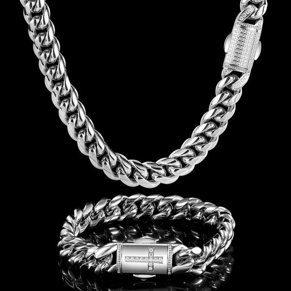 

factory sholesale hip hop micro inlaid zircon spring button stainless cuba chain chaoren 12mm titanium steel round grinding bracelet necklac
