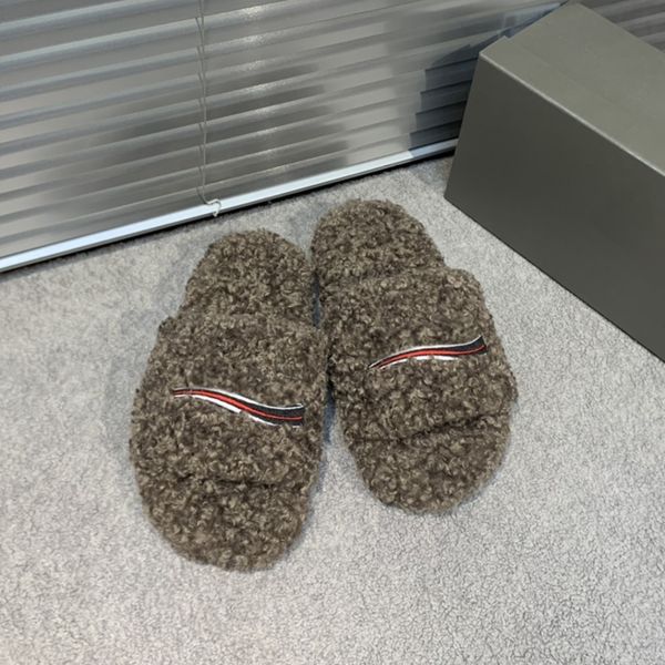 

fashion designer winter warm wool letter slippers soft ful fluffy furry platform shoes indoor home men women comfortable slides sandals scuf, Black