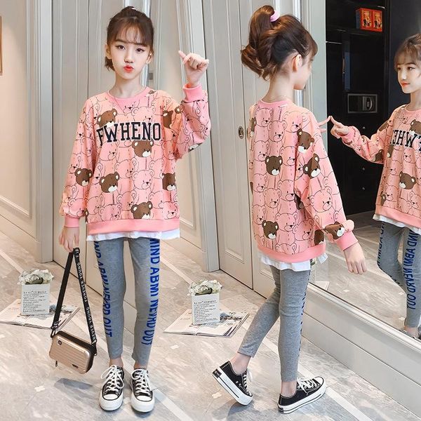 

clothing sets teenage ggirls 2021 autumn kids clothes children's casual cartoon bear sweatshirt + leggings 4 6 8 10 12 years, White