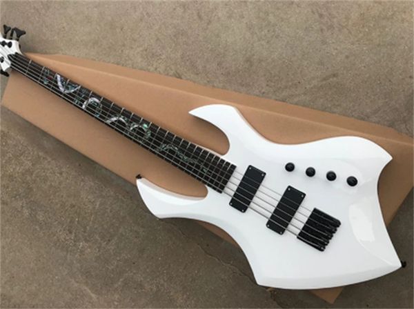 

electric guitar, bass guitar, white body, 5 string pearl snake design, black hardware, active pill, red sandalwood tuning fork guitars guita