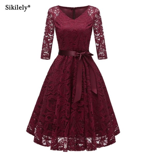 

casual dresses sikilely formal party dress swing skater vestidos de festa 3/4 sleeve knee length a line v neck womens retro lace sash, Black;gray
