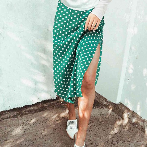 

polka dot print satin women midi skirt high waist casual long skirts womens autumn winter bottoms plus size skirt 210415, Black