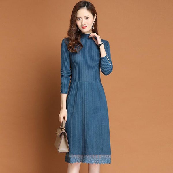 

casual dresses women lace knitted long sleeve sweaters dress autumn winter thick high waist button half collar korean ladies, Black;gray