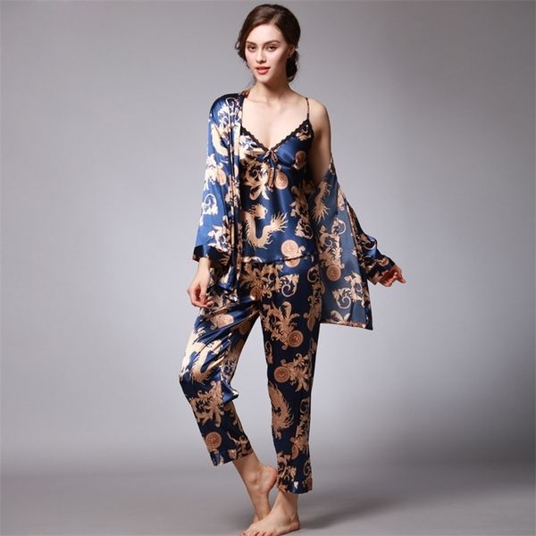 

women's pajama set sleepwear suit underwear 3 pieces loungewear floral printing pyjamas for ladies autumn home clothes homewear 211126, Black;red