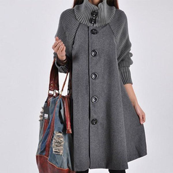 

women's wool & blends temperament woolen coat jacket female loose warm cloak knitting solid colo large size mid-long 5xl, Black