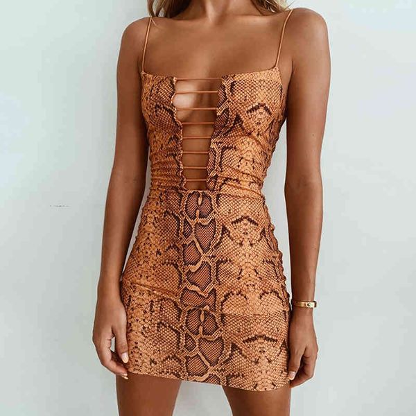 

women's fashion snake print hollow out strap mini dress casual party vacation streetwear bodycon vestidos outfits goth 210517, Black;gray