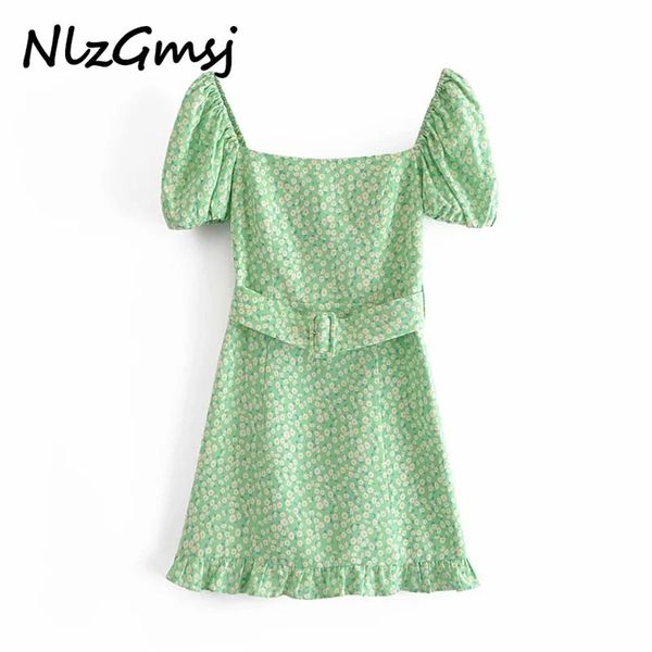 

dres fashion short sleeve mini dress vintage green soild floral print women party 04 210628, Black;gray