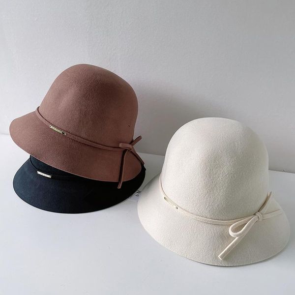 

stingy brim hats korean fashion simple wool fisherman bucket hat for women bow wide fedora autumn winter ladies casual bowler, Blue;gray