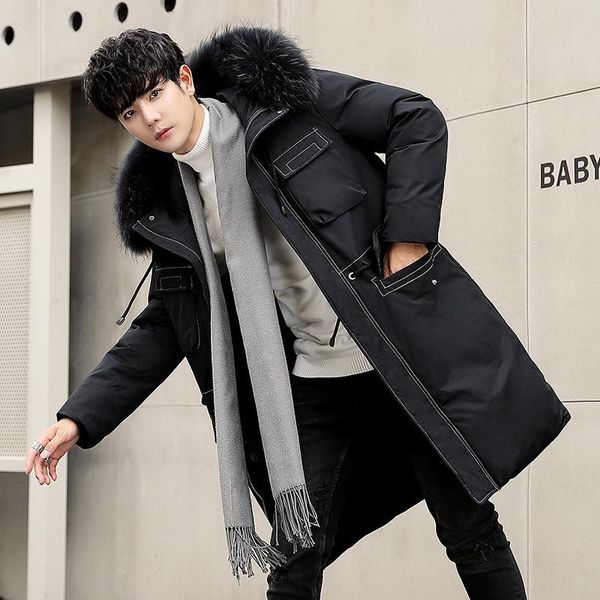 

men's jackets 2021 mid-length down jacket winter thickening big fur collar trend korean style handsome to overcome, Black;brown