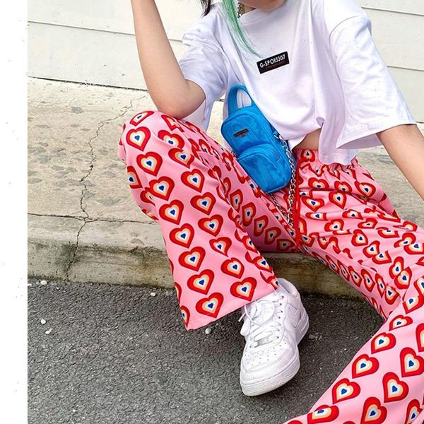 

missnight pink heart printed womens pant straight elastic high waist drawstring fashion streetwear vintage harajuku, Black;white