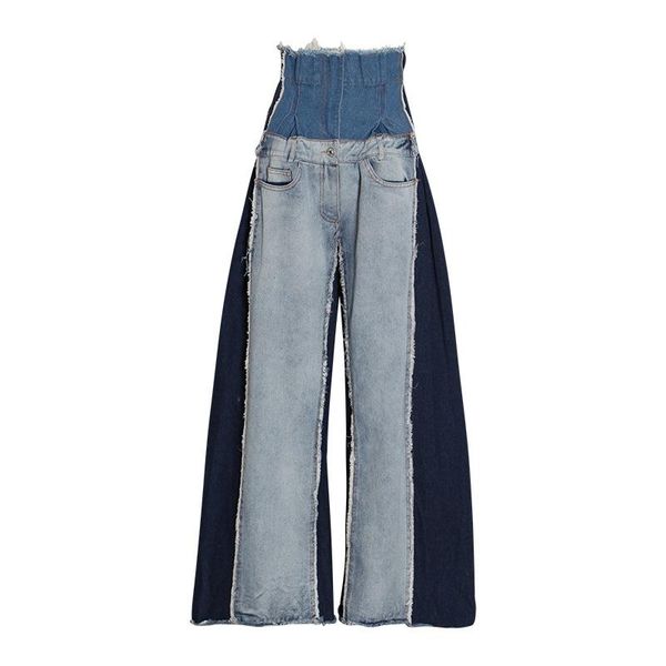 

fashion 2021 clothing tide casual denim patchwork women trousers high waist hit color big size wide leg pants female women's jeans, Blue