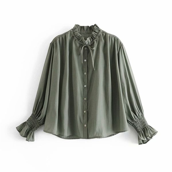 Camicetta monopetto con collo in pizzo da donna oversize Camicia verde con maniche a sbuffo femminile allentata da donna vintage 210515