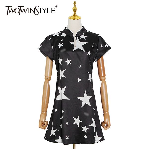 

vintage print dress for women stand collar short sleeve high waist hollow out elegant mini dresses female tide 210428, Black;gray