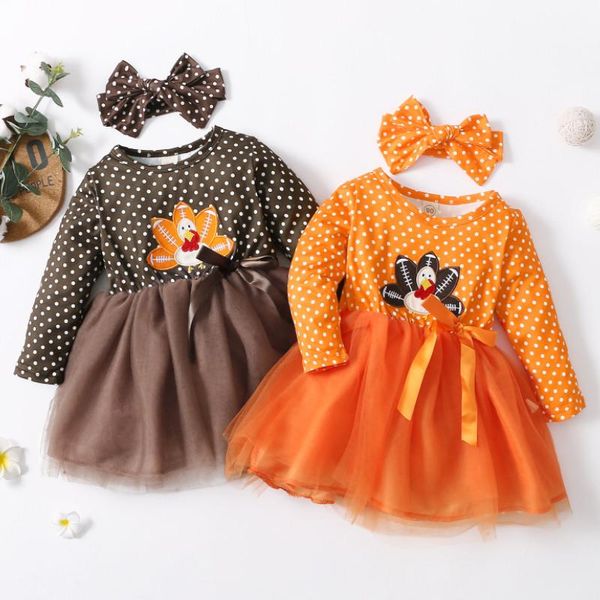 

girl's dresses girl\u2021s casual long sleeve dress cartoon turkey embroidery mesh yarn a-line short and headband, Red;yellow