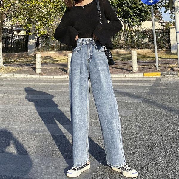 

spring slouchy stretchy jeans korean women pockets denim high waist wide legs ropa mujer pants washed blue long trousers women's