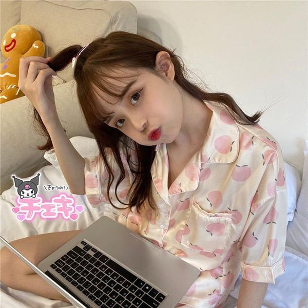 

korean pajamas summer silk women sleepwear pyjamas girls sweet print kawaii lapel home suit soft loose piece sets, Black;red