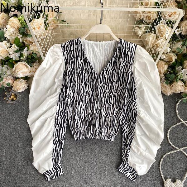 

nomikuma korean zebra stripe patchwork blouse causal short c-neck pullover blusas 2021 autumn women puff sleeve shirts 6d032 women's bl, White