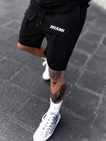 

men letter graphic flap pocket drawstring waist shorts t0kx#, Black