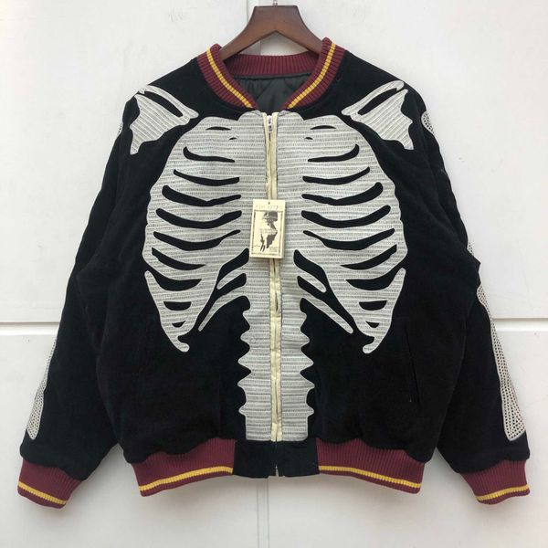 

21ss young men jacket hirata style skeleton bone embroidery velvet baseball cotton kapital man trendy, Black;brown