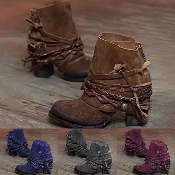 

boots winter bohemian womens flats thick bottom shoes booties round toe retro fringe ankle cowboy 35-43 17uk, Black