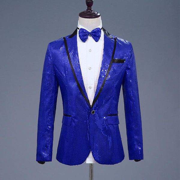 

men's suits & blazers mens blue sequin blazer jacket men nightclub prom 2-piece suit with tie party stage dance singer costume hombre, White;black