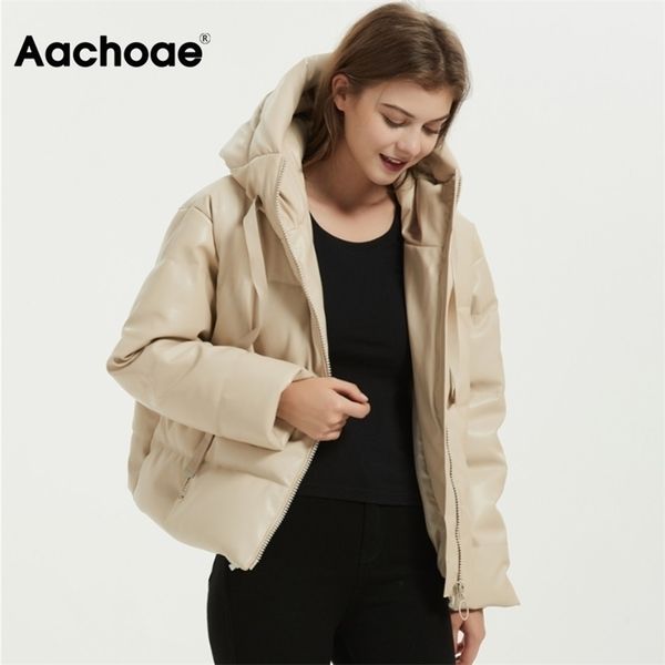 

aachoae women fashion thick warm pu faux leather padded jacket coat long sleeve hooded parka coat female elegant outerwear 211204, Black