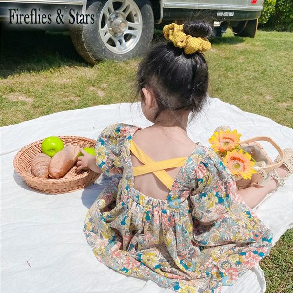 

summer girls dress baby kids vestidos children clothes fashion backless cross bandage floral print cotton 1 to 7 yrs girl's dresses, Red;yellow